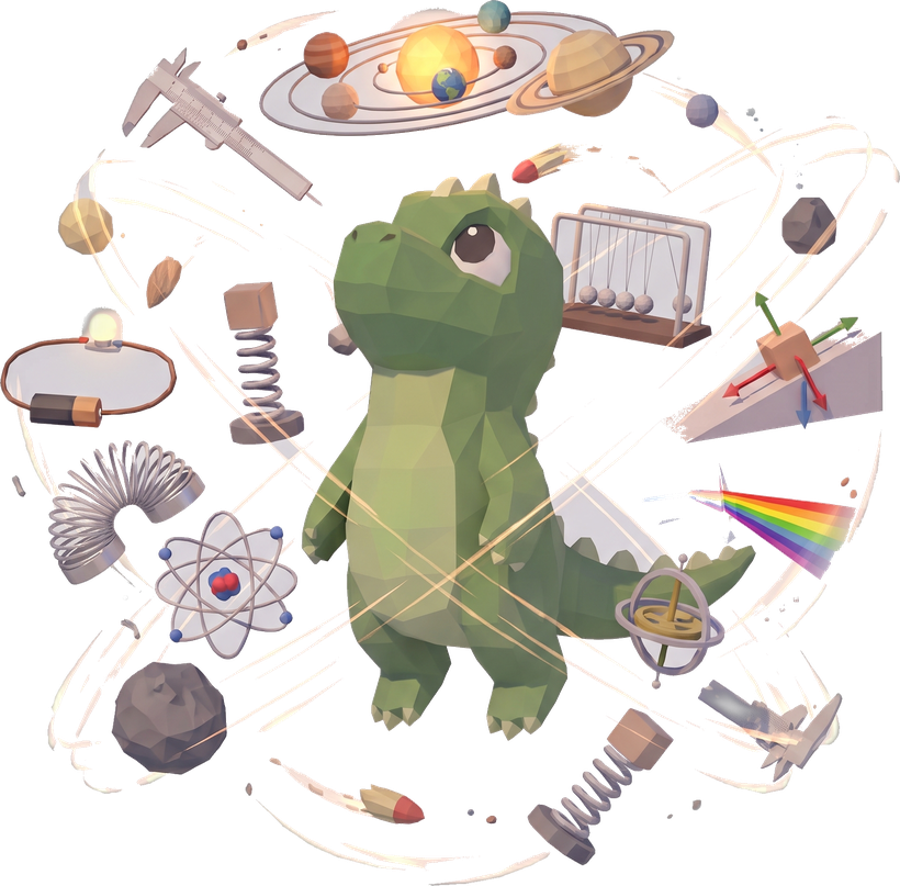 The Hubzilla dinosaur looking up at physics apparatus orbiting around it — an orrery, a prism splitting light, a Newton's cradle, a spring, an atom and a circuit.